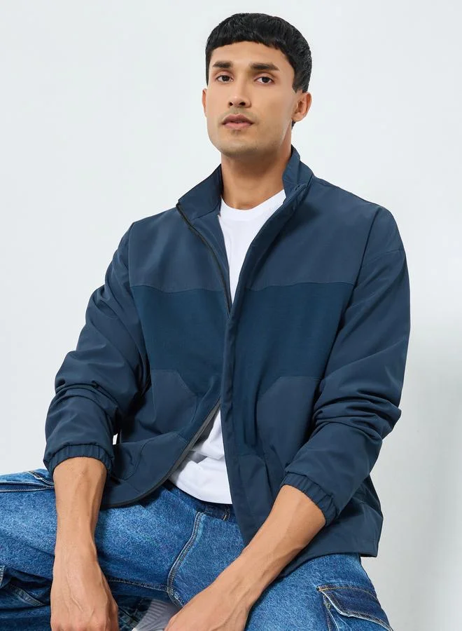 Styli Men Blue Color Block Zip-Up Jacket